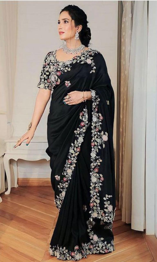 Party Wear Heavy Embroidery Work Black Color Saree