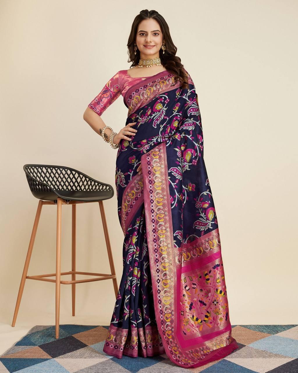 Designer Zari Thread Navy Blue Patola Silk Saree