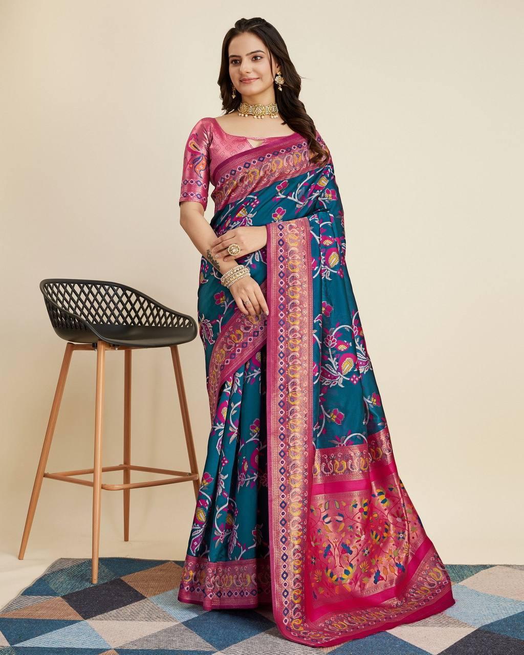 Designer Zari Thread Teal Blue Patola Silk Saree