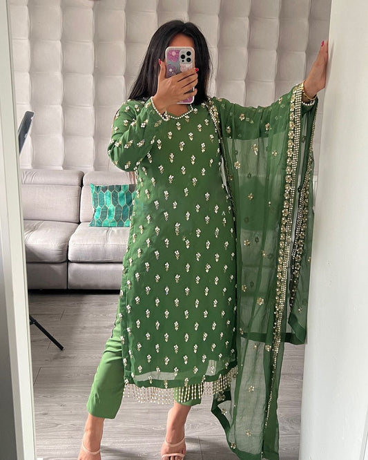 Delightful Georgette Thread With Moti Work Green Kurti Set