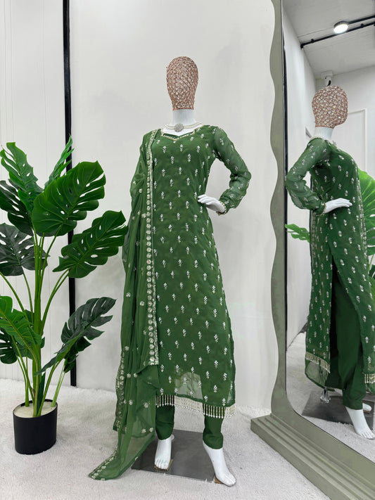 Delightful Georgette Thread With Moti Work Green Kurti Set