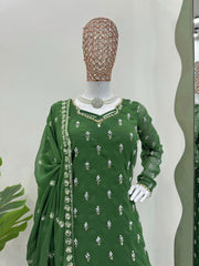 Delightful Georgette Thread With Moti Work Green Kurti Set