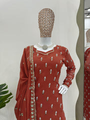 Delightful Georgette Thread With Moti Work Orange Kurti Set