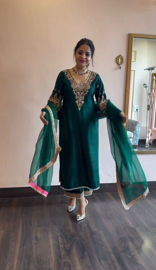 Wonderful Heavy Vichitra Silk Green Color Palazzo Suit