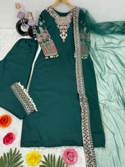 Wonderful Heavy Vichitra Silk Green Color Palazzo Suit