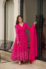 Occasion Wear Georgette Pink Color Anarkali Gown With Dupatta