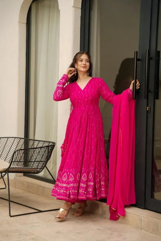 Occasion Wear Georgette Pink Color Anarkali Gown With Dupatta