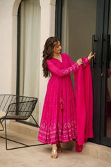 Occasion Wear Georgette Pink Color Anarkali Gown With Dupatta