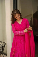 Occasion Wear Georgette Pink Color Anarkali Gown With Dupatta