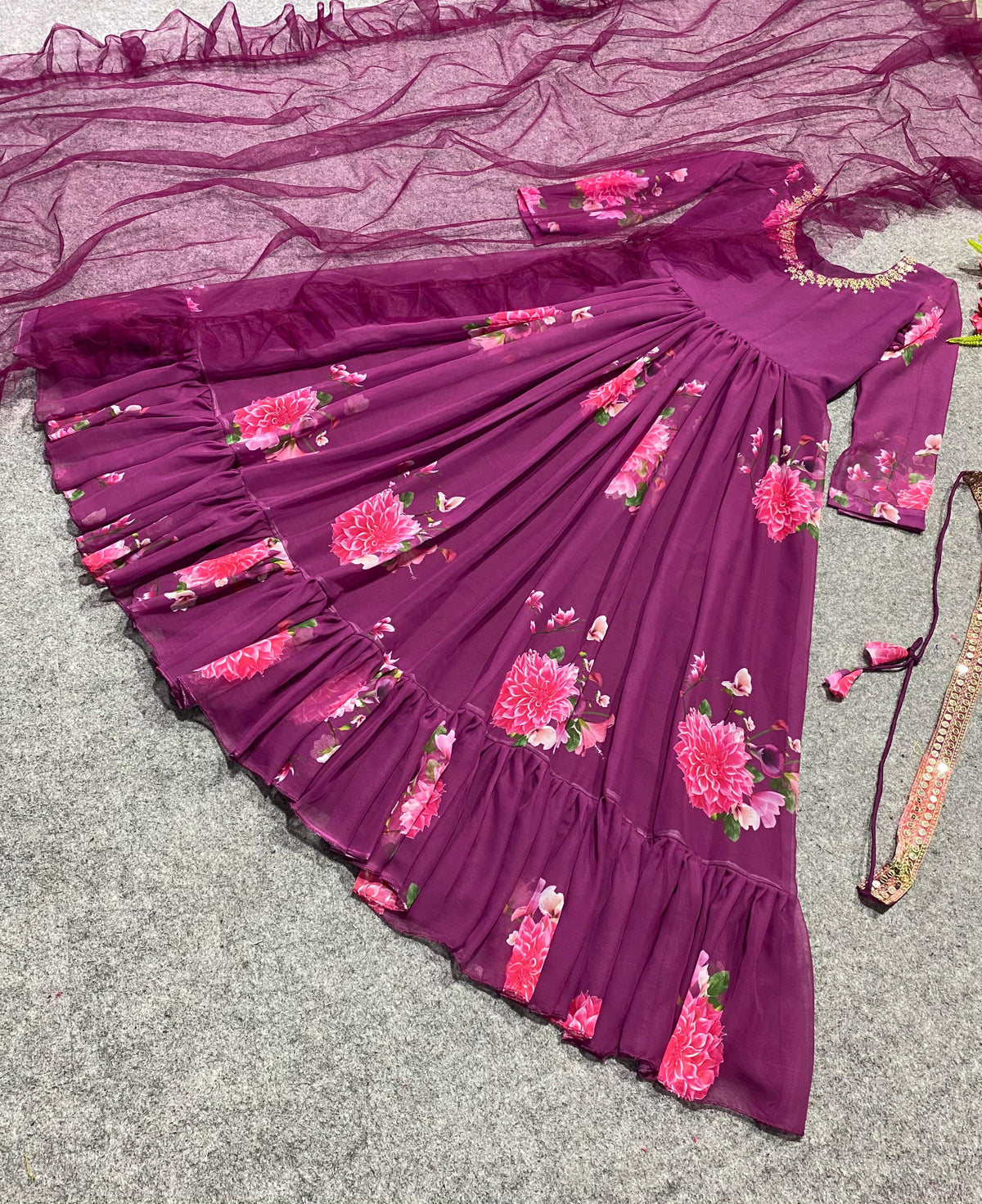 Exclusive Digital Print Wine Color Gown With Dupatta