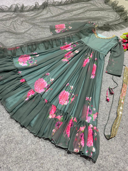 Alluring Digital Print Pista Color Gown With Dupatta