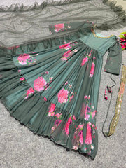 Alluring Digital Print Pista Color Gown With Dupatta