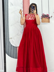 Fantastic Red Color Embroidery Sequence Work Gown