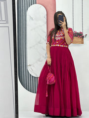 Fantastic Pink Color Embroidery Sequence Work Gown