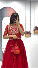 Fantastic Red Color Embroidery Sequence Work Gown