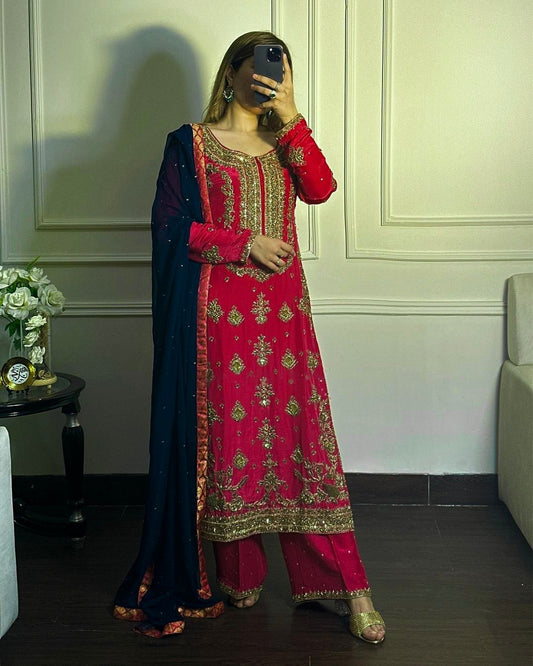 Pretty Chinon Silk Red Embroidery Sequence Work Palazzo Suit