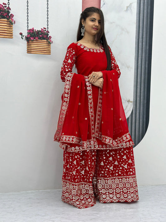 Exotic Red Color 7 MM Sequence Work Sharara Suit