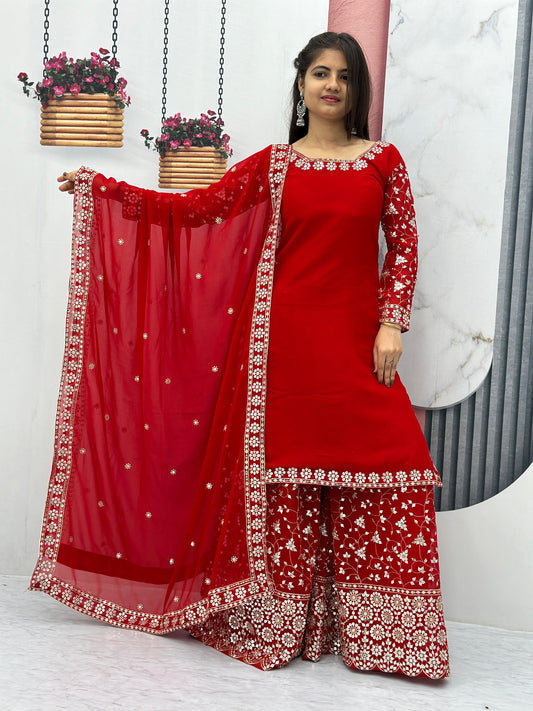 Exotic Red Color 7 MM Sequence Work Sharara Suit