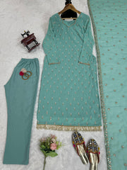 Delightful Georgette Thread With Moti Work Sky Blue Kurti Set