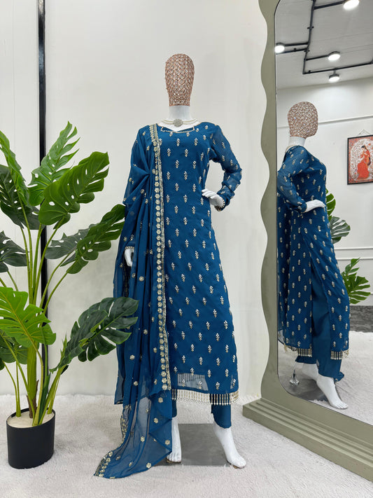 Delightful Georgette Thread With Moti Work Blue Kurti Set