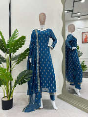 Delightful Georgette Thread With Moti Work Blue Kurti Set