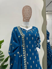 Delightful Georgette Thread With Moti Work Blue Kurti Set