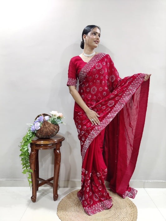 Elegant Chiffon Satin Ready To Wear Diamond Work Red Saree