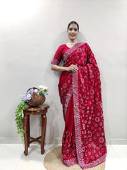 Elegant Chiffon Satin Ready To Wear Diamond Work Red Saree