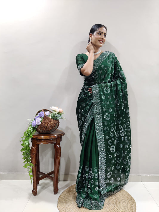 Elegant Chiffon Satin Ready To Wear Diamond Work Green Saree