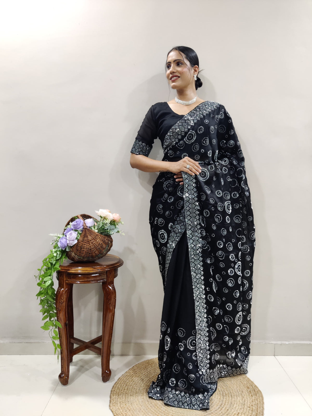 Elegant Chiffon Satin Ready To Wear Diamond Work Black Saree