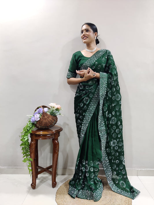 Elegant Chiffon Satin Ready To Wear Diamond Work Green Saree