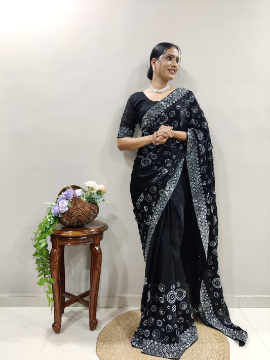 Elegant Chiffon Satin Ready To Wear Diamond Work Black Saree