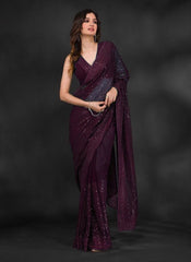 Georgette Wine Color Full Sequence Work Saree