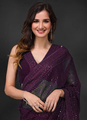 Georgette Wine Color Full Sequence Work Saree