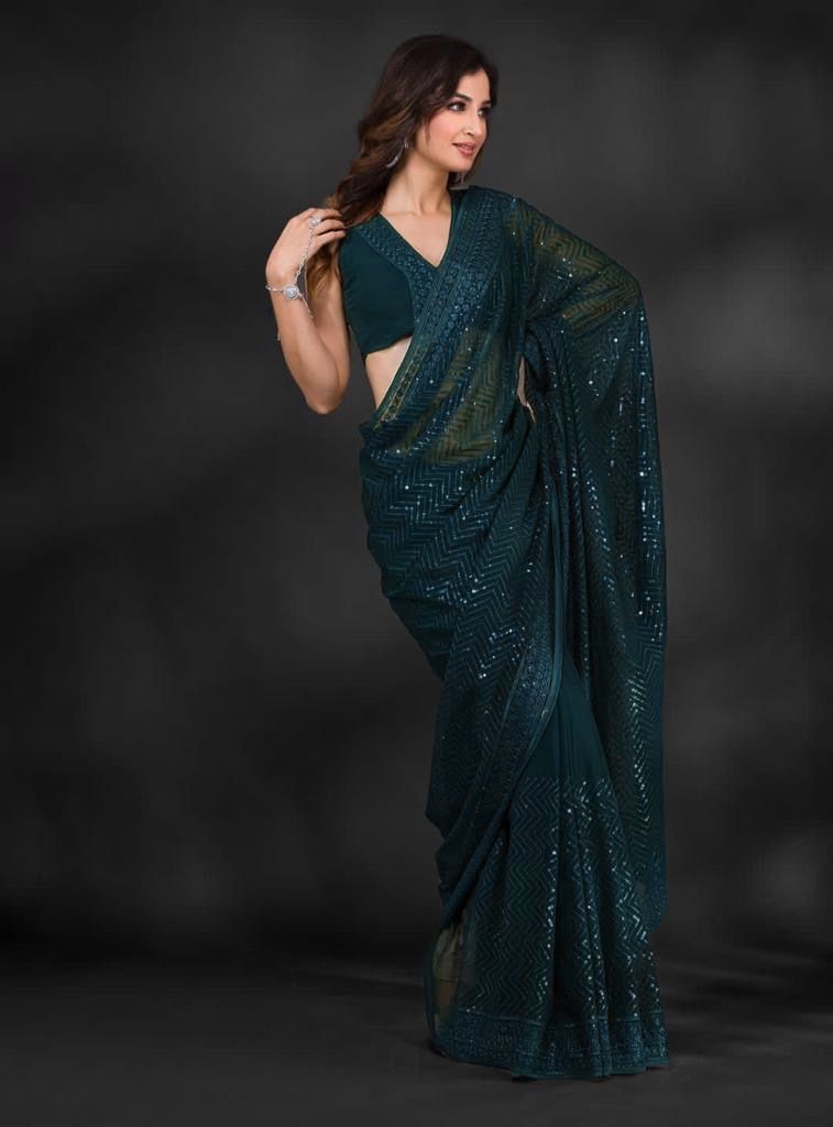 Georgette Green Color Full Sequence Work Saree