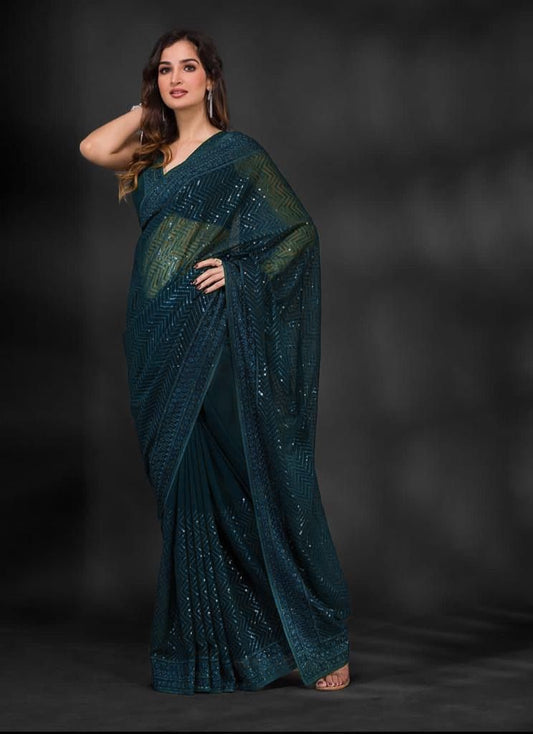 Georgette Green Color Full Sequence Work Saree