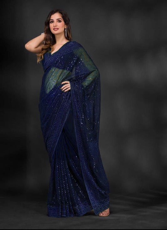 Georgette Blue Color Full Sequence Work Saree