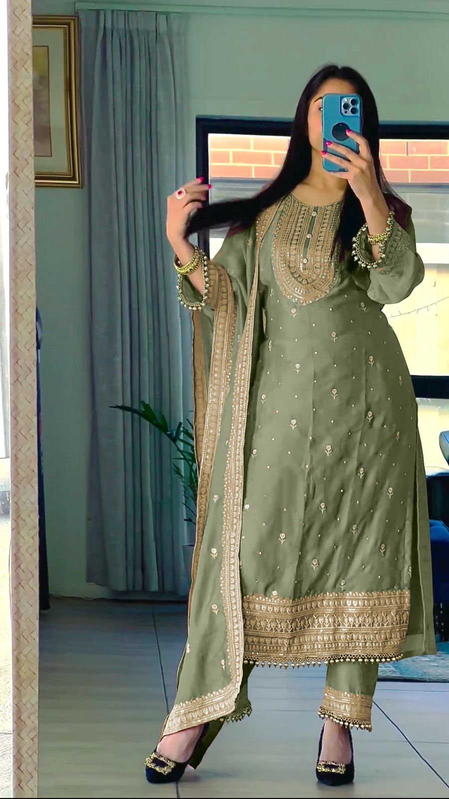 Occasion Wear Green Color Silk Embroidery Work Silk Salwar SuiT