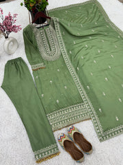 Occasion Wear Green Color Silk Embroidery Work Silk Salwar SuiT