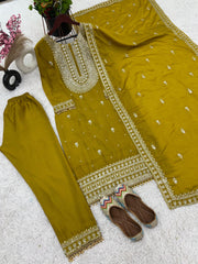 Occasion Wear Yellow Color Silk Embroidery Work Silk Salwar Suit