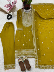 Occasion Wear Yellow Color Silk Embroidery Work Silk Salwar Suit