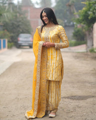 Digital Print Yellow Color Mirror Work Patiala Suit