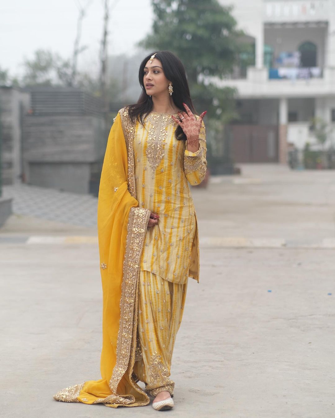 Digital Print Yellow Color Mirror Work Patiala Suit