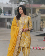 Digital Print Yellow Color Mirror Work Patiala Suit