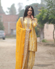 Digital Print Yellow Color Mirror Work Patiala Suit