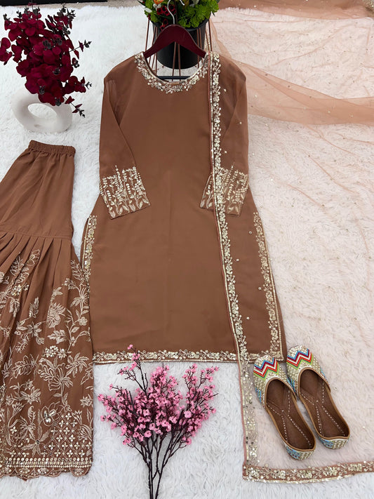 Eyes Catching Sequence Work Brown Color Sharara Suit