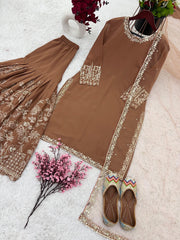 Eyes Catching Sequence Work Brown Color Sharara Suit