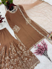 Eyes Catching Sequence Work Brown Color Sharara Suit