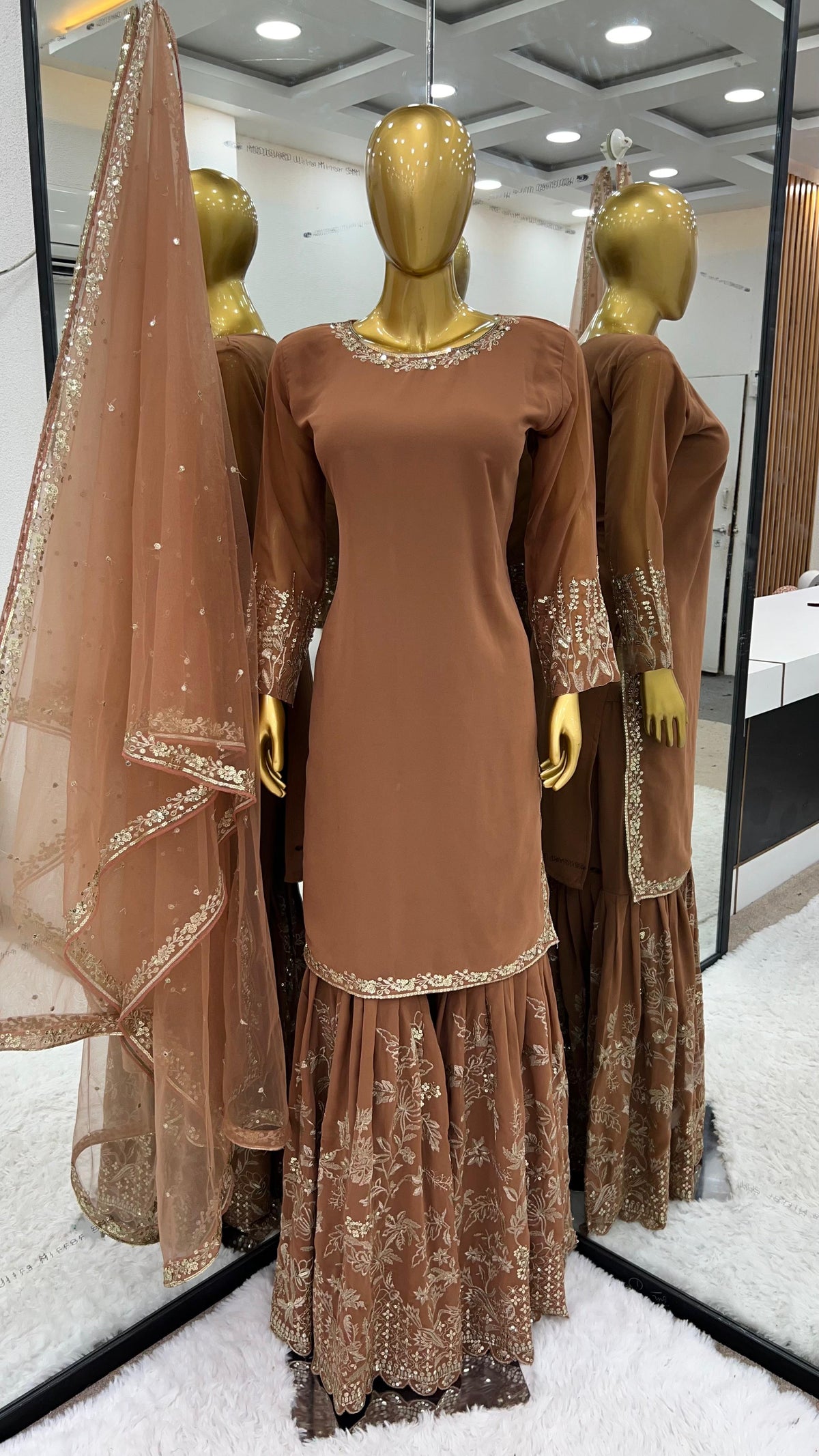 Eyes Catching Sequence Work Brown Color Sharara Suit