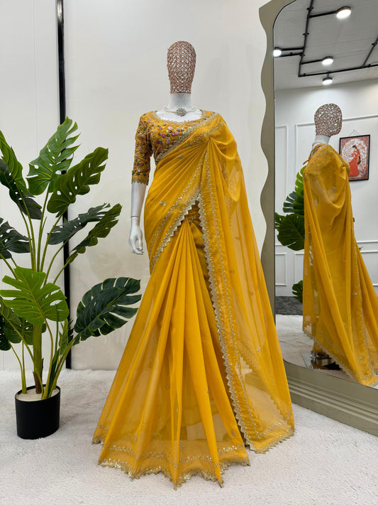 Party Wear Yellow Color Thread & Sequence Work Saree